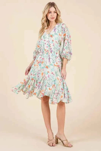 Lime and Chili Dress with Cinched Waist and Balloon Sleeves