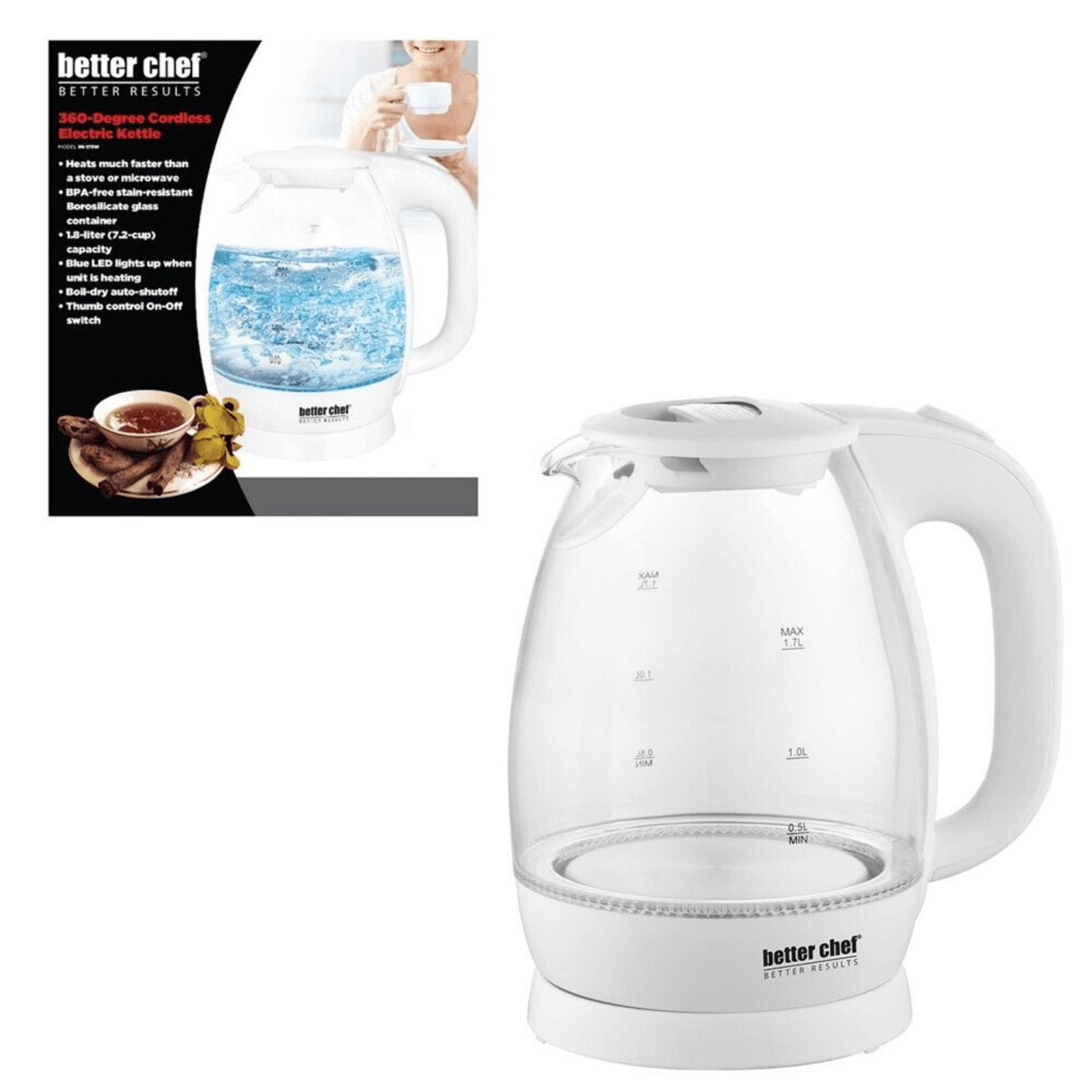 Better Chef 7-Cup Cordless Borosilicate Glass Electric Kettle with LED