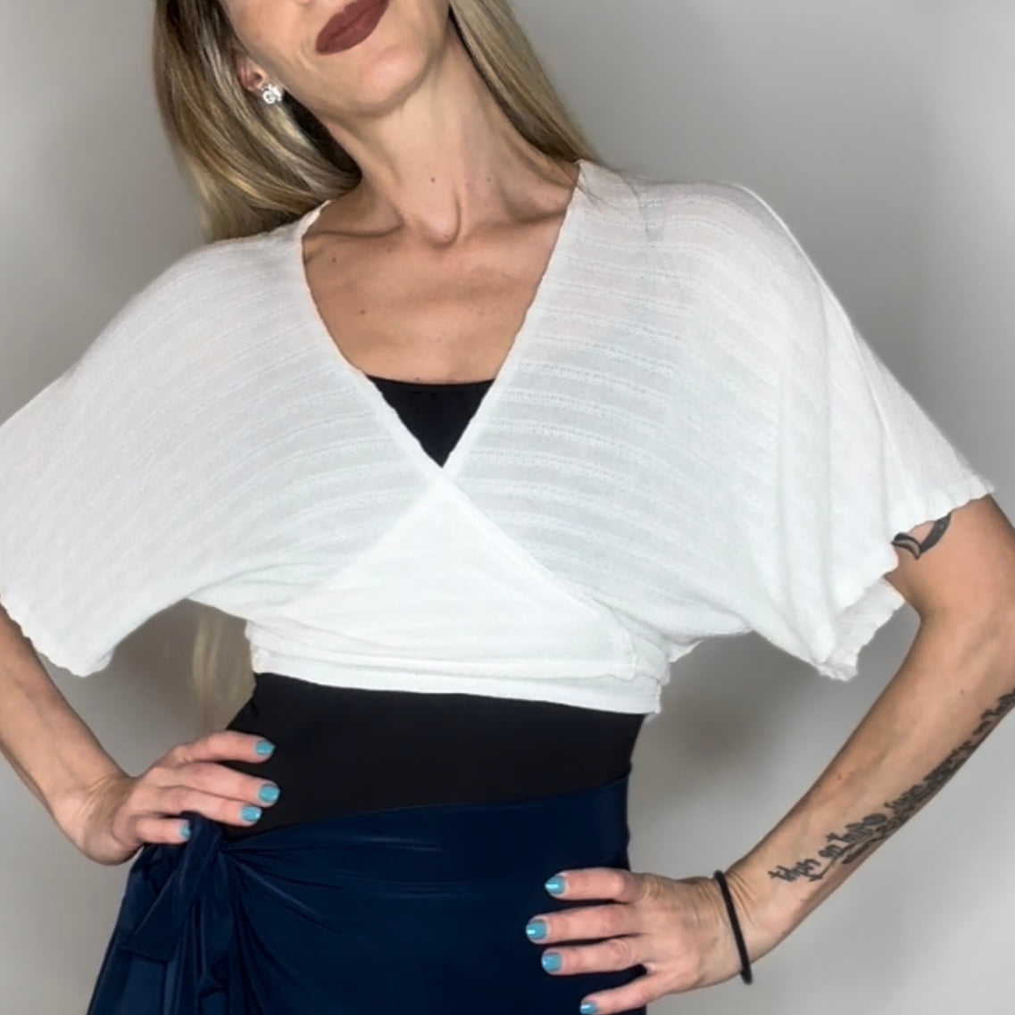 Cropped Sweater Knit Wrap Top Ballet Warm Up - White Intricate