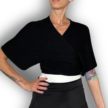 Luxe Cropped Sweater Knit Wrap Top Ballet Warm Up - Black