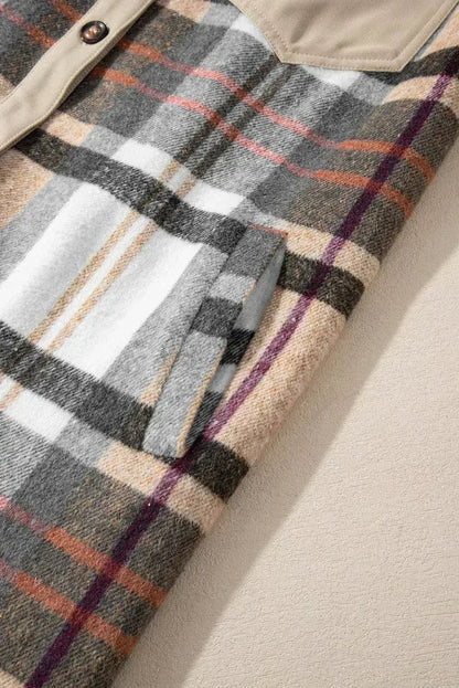 Khaki Plaid Patchwork Long Sleeve Mini Dress with Pockets