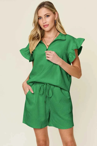 Plus Size Flounce Sleeve 2 piece top and shorts set