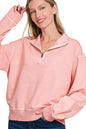 Zenana F/terry Pigment Dye & Enzyme Washing Half Zip Top in Pink