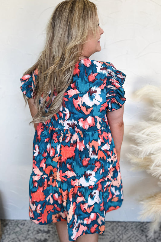 Blue Abstract Print Shirred Ruffled Short Sleeve Tiered Plus Size Mini Dress