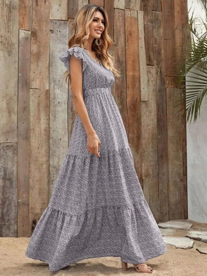 Printed V-Neck Maxi Dress with Ruffle Sleeves