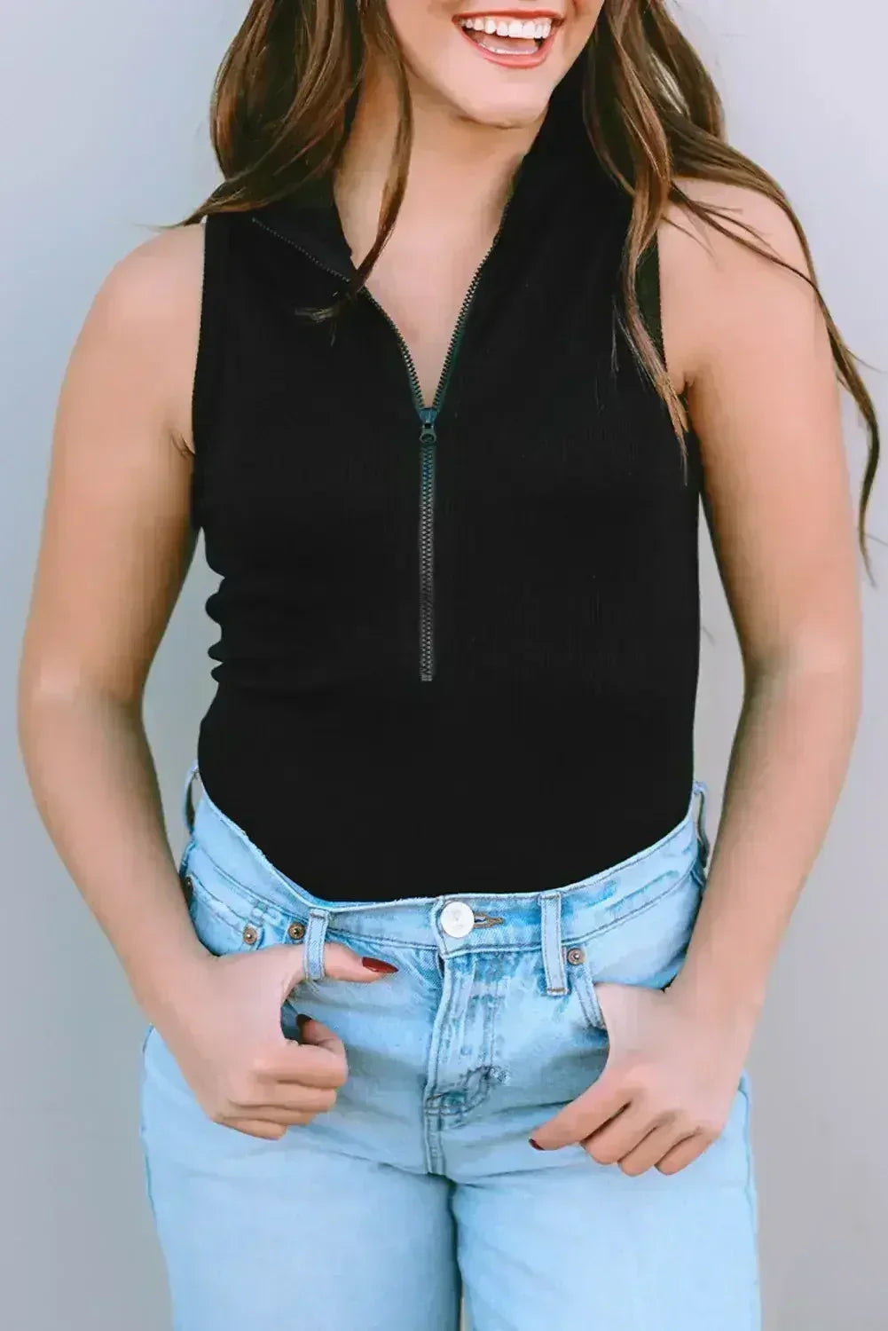 Ribbed Sleeveless Bodysuit with Mock Neck & Zip - Femstylo