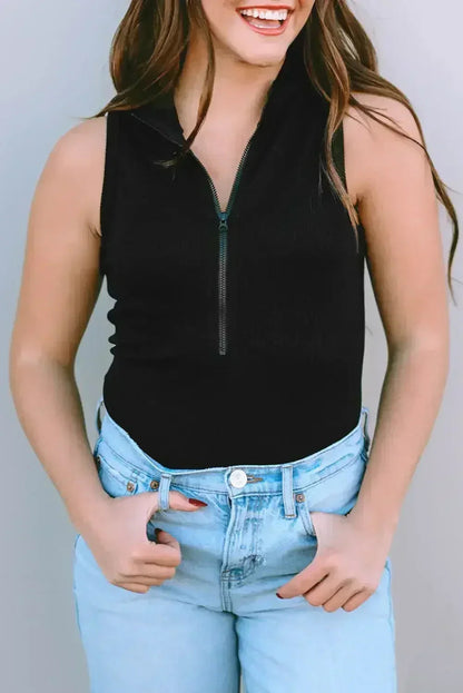 Ribbed Sleeveless Bodysuit with Mock Neck & Zip - Femstylo