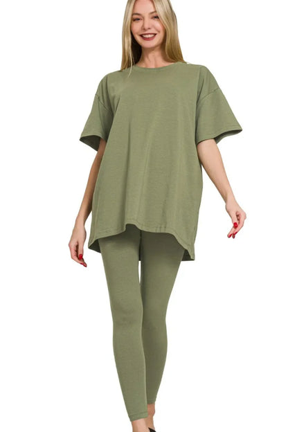 Zenana Cotton Round Neck Top & Legging Set