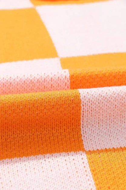 Orange Checkered Bishop Sleeve Sweater - Femstylo