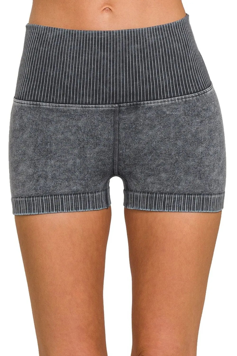 Zenana Washed Seamless High Waisted Shorts in Ash Black