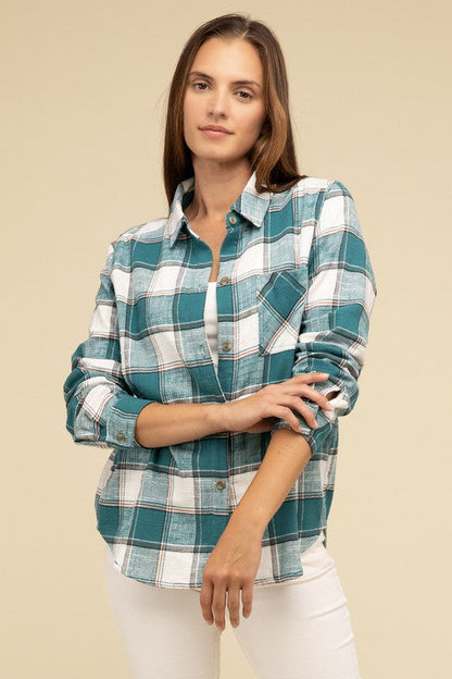 ZENANA Cotton Plaid Shacket With Front Pocket