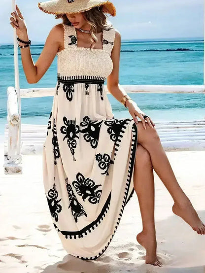 Black Boho Print Smocked Ruffle Sleeveless Maxi Dress