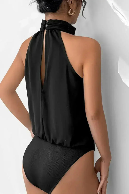 Black Beaded Flower Halter Neck Bodysuit - Femstylo