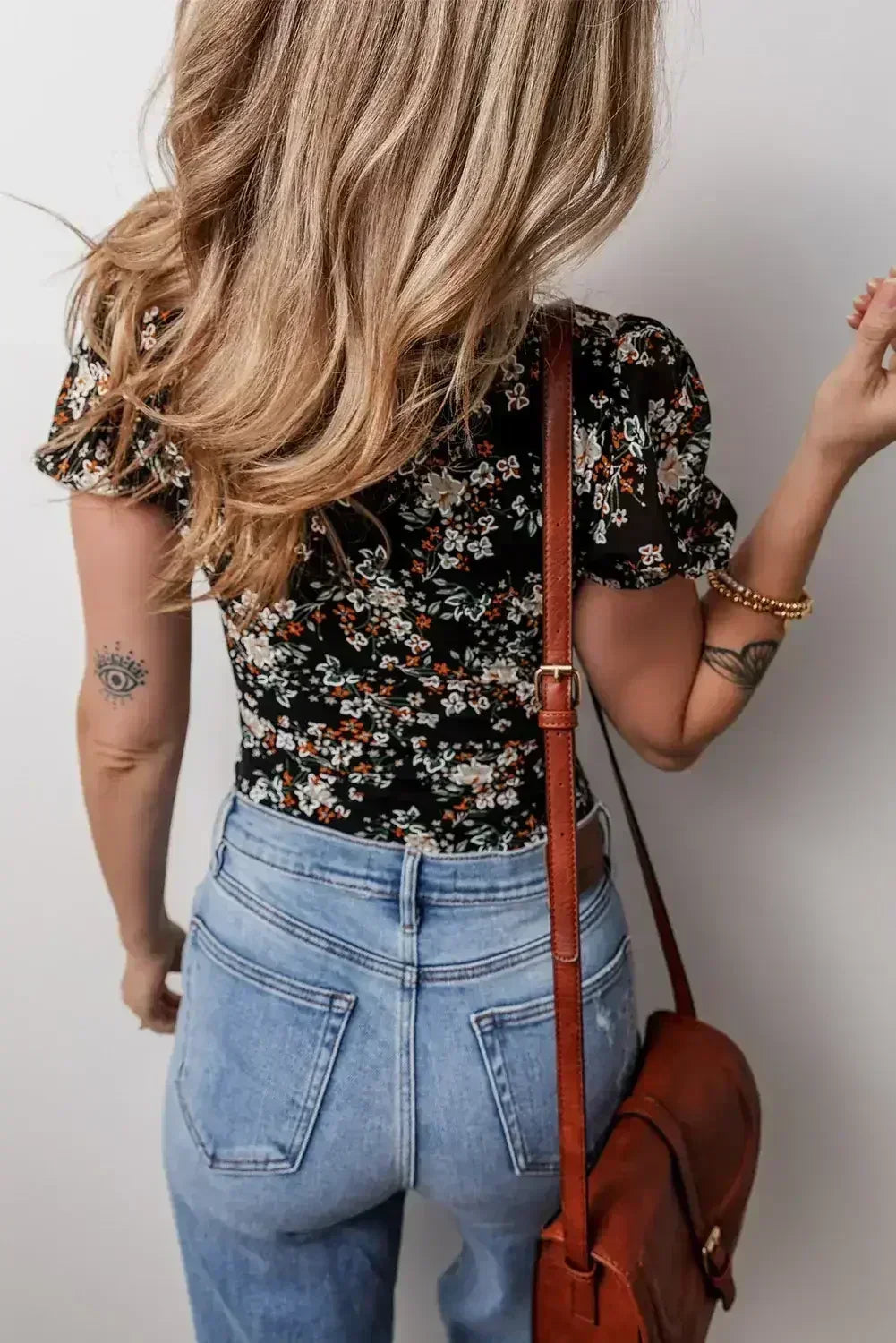 Floral Print Puff Sleeve U-Neck Bodysuit Black - Femstylo