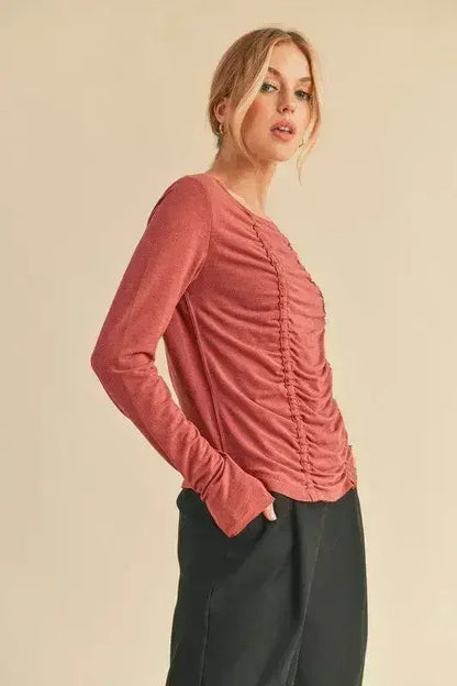 Ruched Front Long Sleeve T-Shirt - Slimming Top | Femstylo