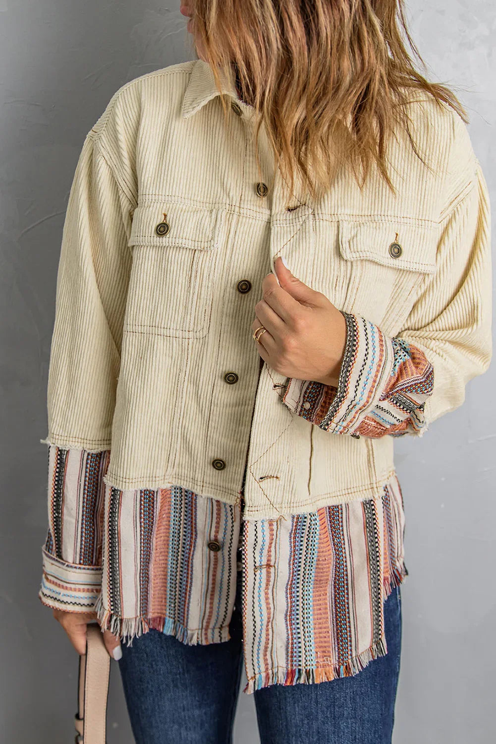 Beige Color Block Corduroy Jacket | Striped Button Up Design - Femstylo