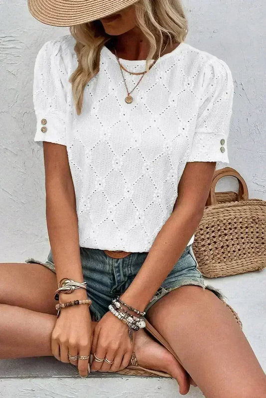 White Embroidered Floral Geometric Button Short Sleeve Top | Femstylo