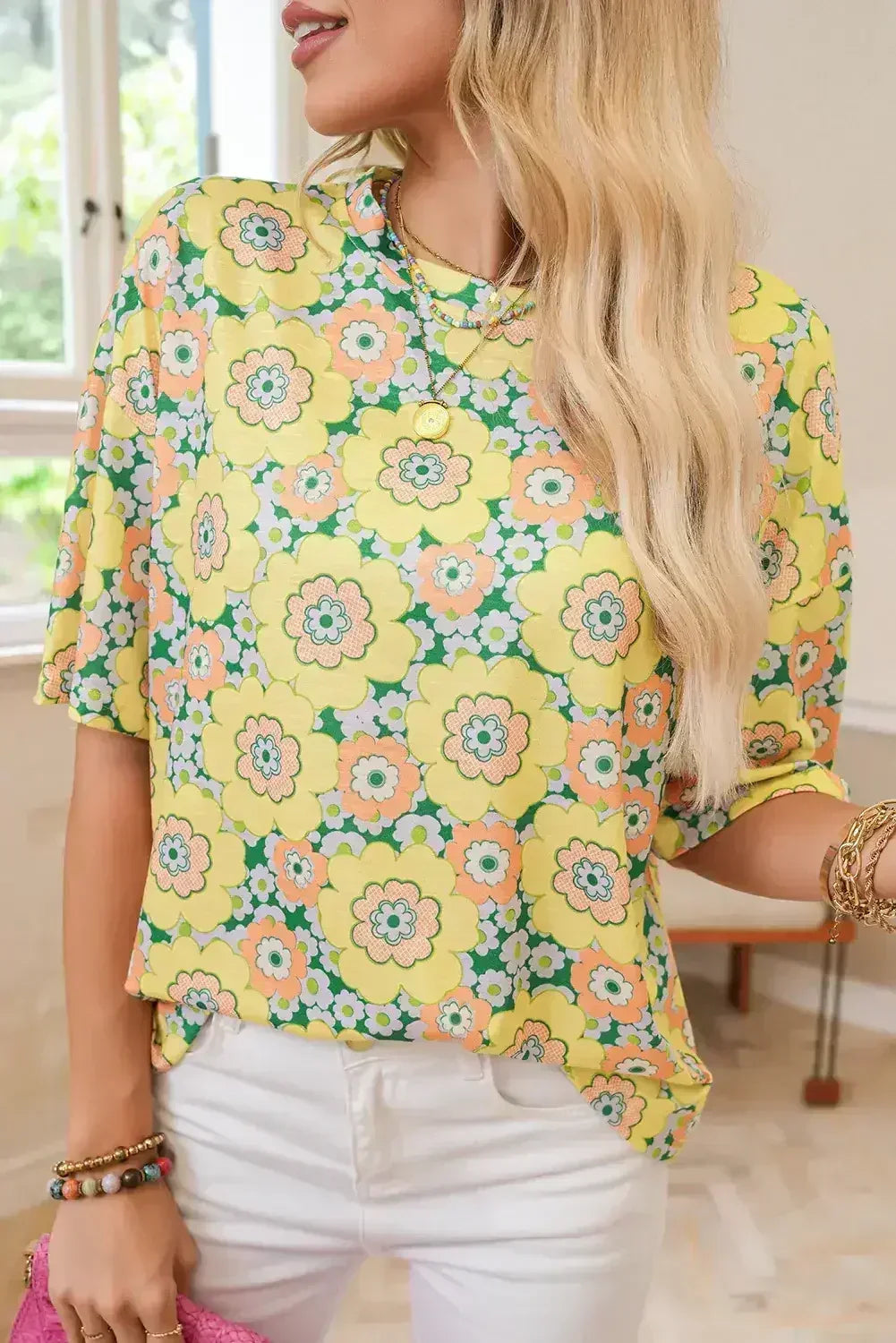 Yellow Summer Flower Print Drop Shoulder Loose T Shirt