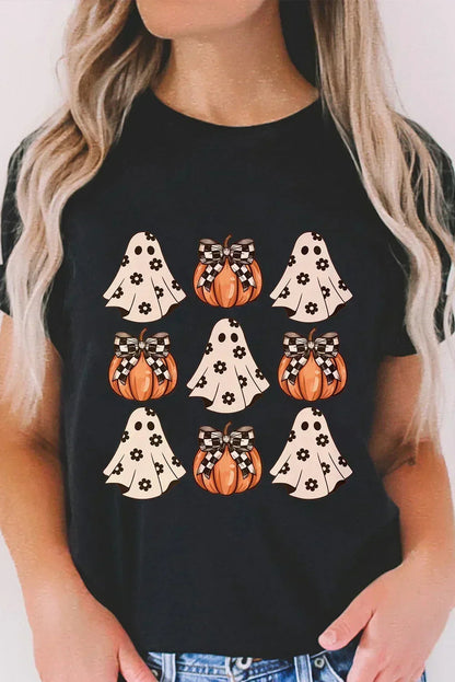 Black Halloween Ghost Pumpkin Graphic Crew Neck T Shirt