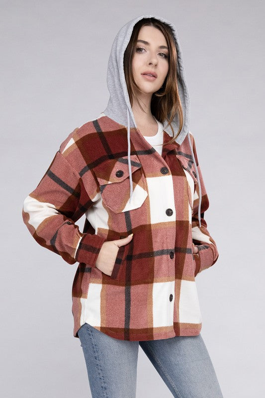 ZENANA Plaid Drawstring Hooded Fleece Shacket