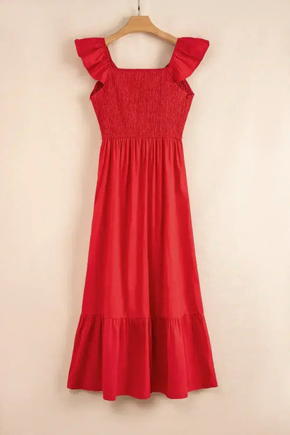 Black V Neck Flutter Sleeve Smocked Bodice High Waist Ruffle Maxi Dress