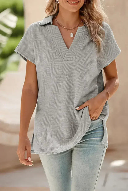 White Textured V Neck Collared Split Hem T Shirt