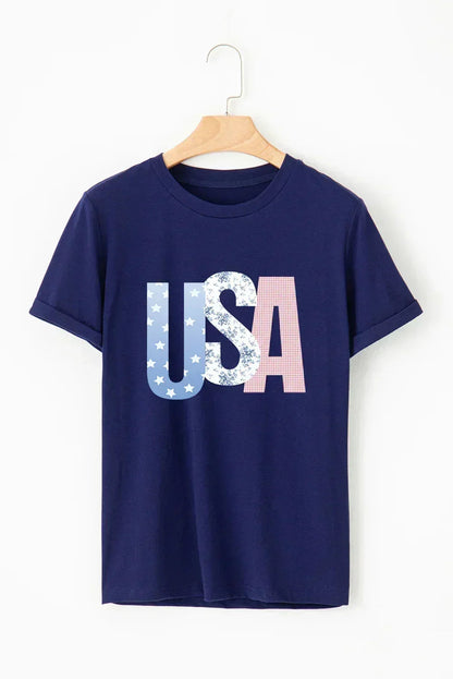 Blue USA Graphic July 4th Crew Neck T-Shirt – Patriotic Comfort Tee