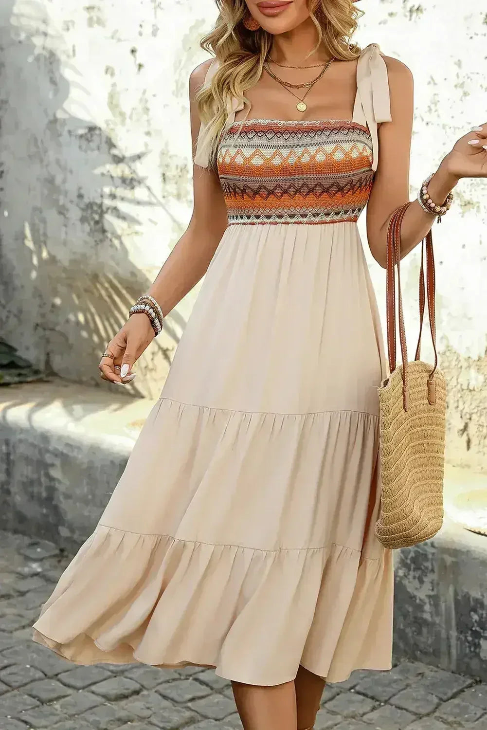Jet Stream Ethnic Patchwork Knot Strap Midi Dress