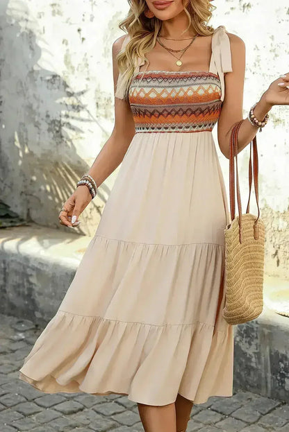 Jet Stream Ethnic Patchwork Knot Strap Midi Dress