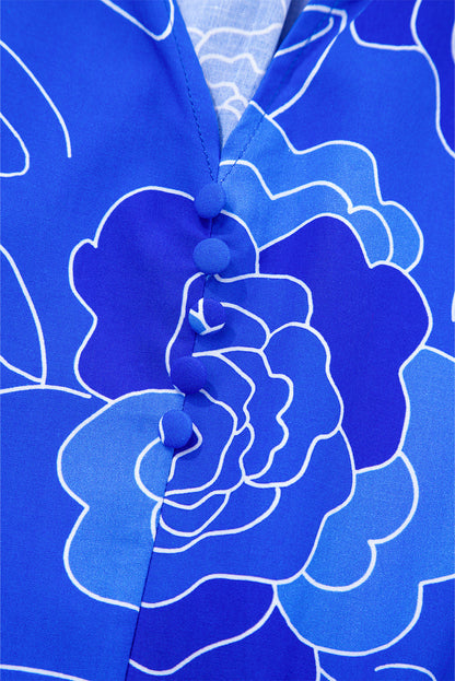 Blue Floral Print Ruffle Hem V Neck Flowy Mini Dress