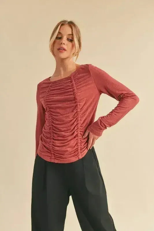 Ruched Front Long Sleeve T-Shirt - Slimming Top | Femstylo