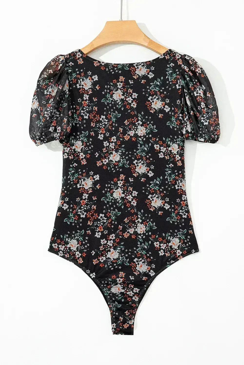 Floral Print Puff Sleeve U-Neck Bodysuit Black - Femstylo