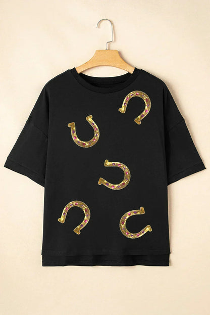 Black Western Shiny Horseshoes Pattern High Low Hem Casual T Shirt