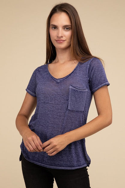 ZENANA Washed Melange Burnout Scoop V-Neck Top