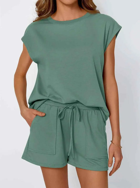 Round Neck Top and Shorts Set - Drop Sleeve Design