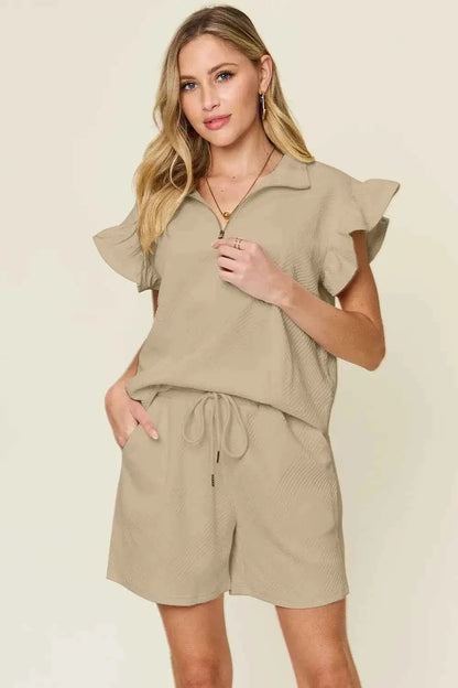 Plus Size Flounce Sleeve 2 piece top and shorts set