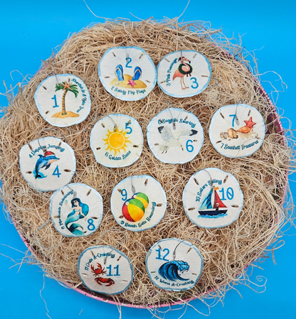 Christmas Ornament Set – Coastal & Traditional Sand Dollar “12 Days of Christmas” Handcrafted Holiday Decor