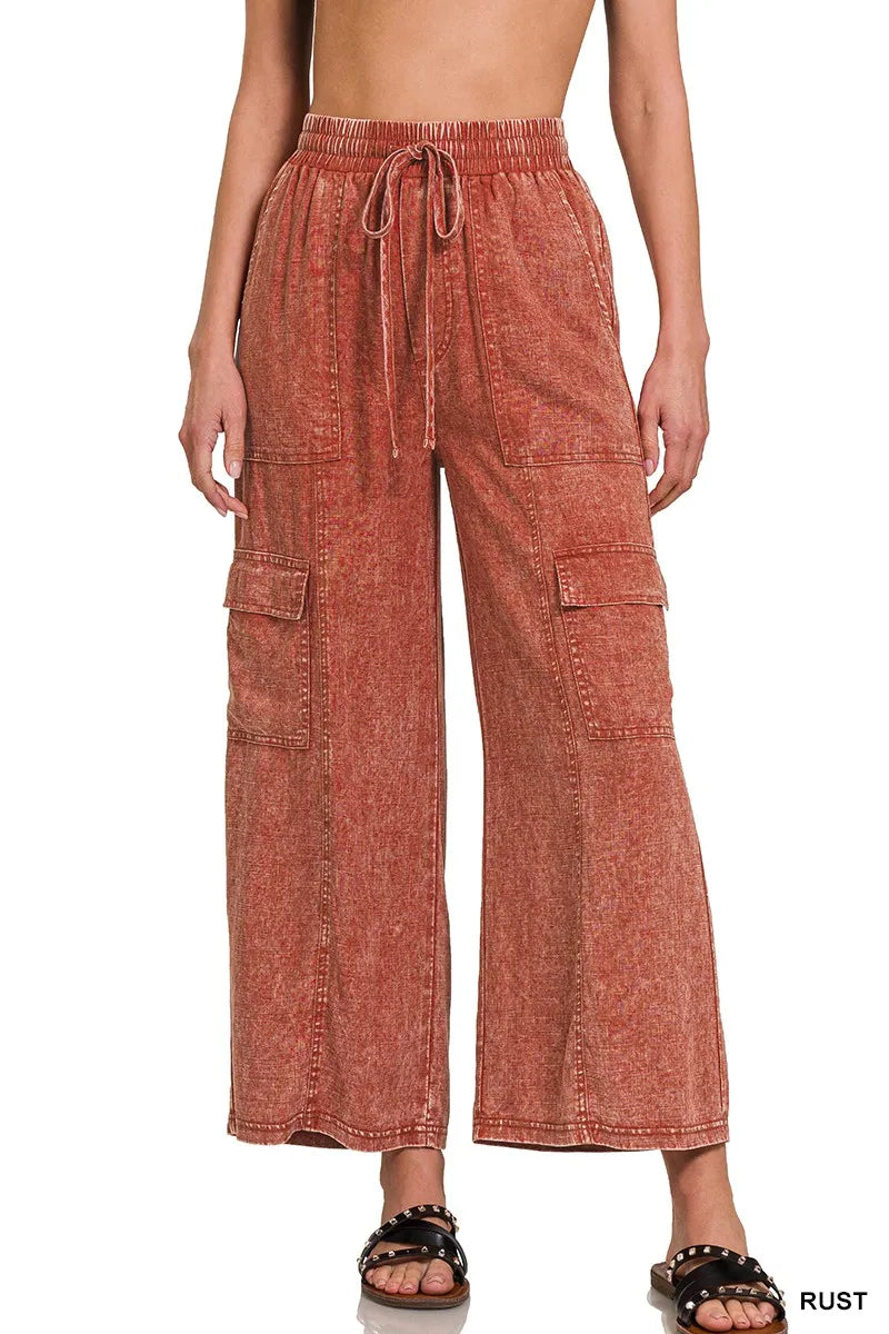 Zenana Washed Linen Elastic Band Waist Cargo Pants in Rust