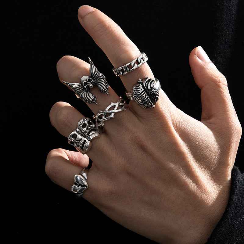 Mens Vintage Skull Ring Exaggerated Hollow Brain Love Necronomicon