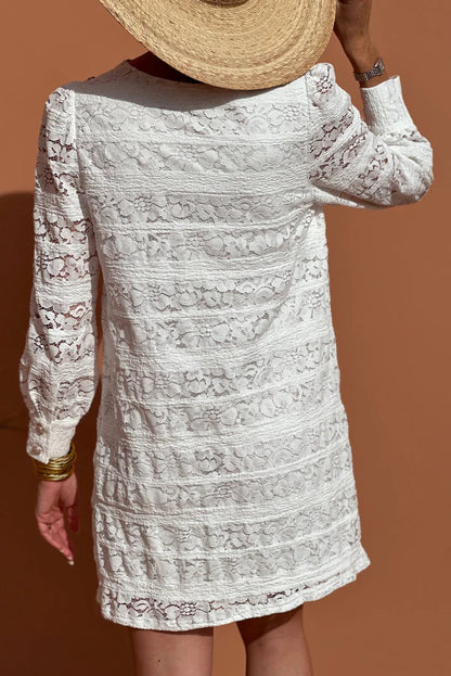 White Lace Floral Round Neck Puff Sleeve Shift Mini Dress
