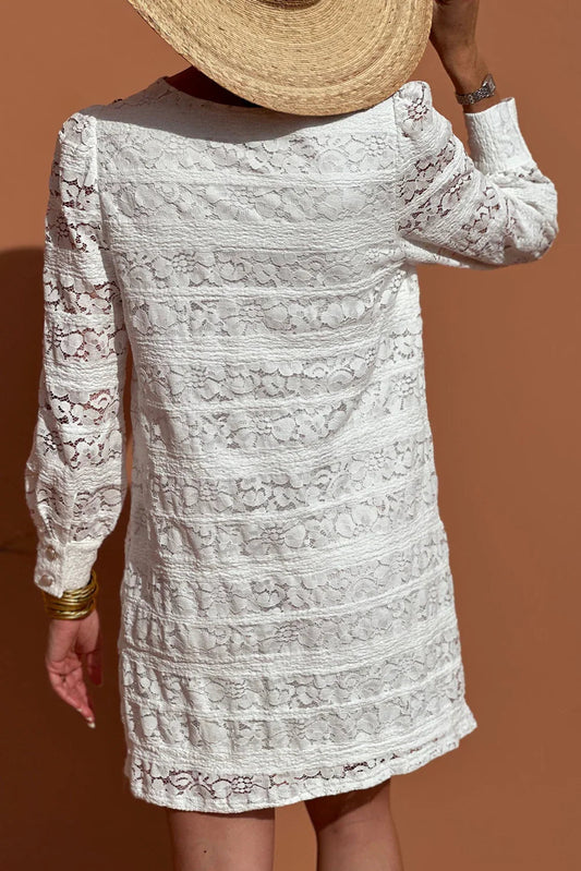 White Lace Floral Round Neck Puff Sleeve Shift Mini Dress