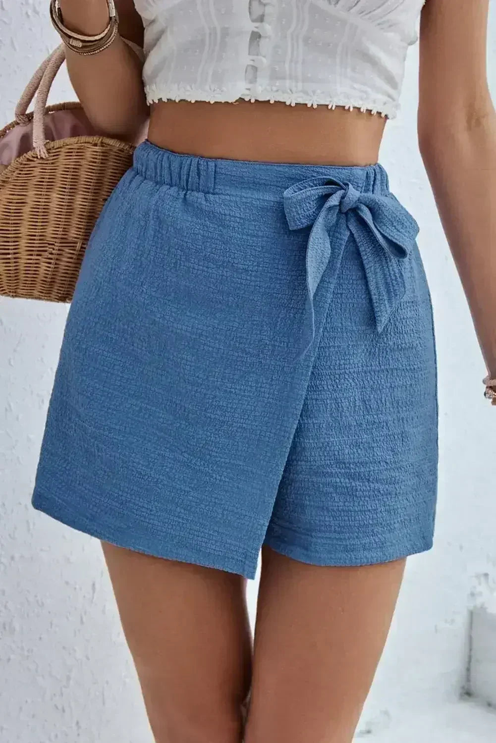Sky Blue Solid Color Elastic Waist Knot Side Wrap Skort