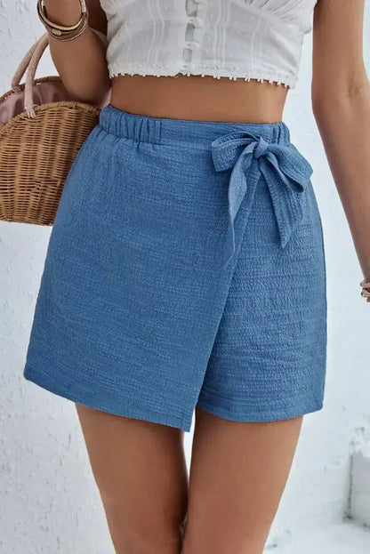 Sky Blue Solid Color Elastic Waist Knot Side Wrap Skort