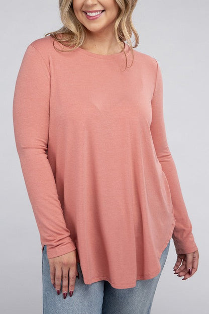 ZENANA Plus Long Sleeve Round Neck Round Hem Top