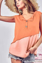 BiBi Color Block Henley Women's Top with Contrast Stitching and Button Detail