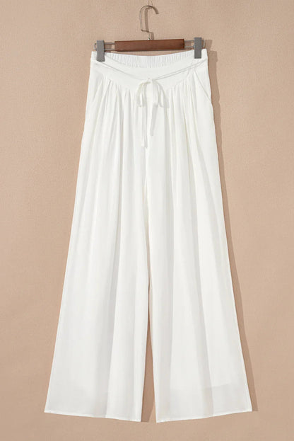 White Solid Pleated Loose Wide Leg Pants