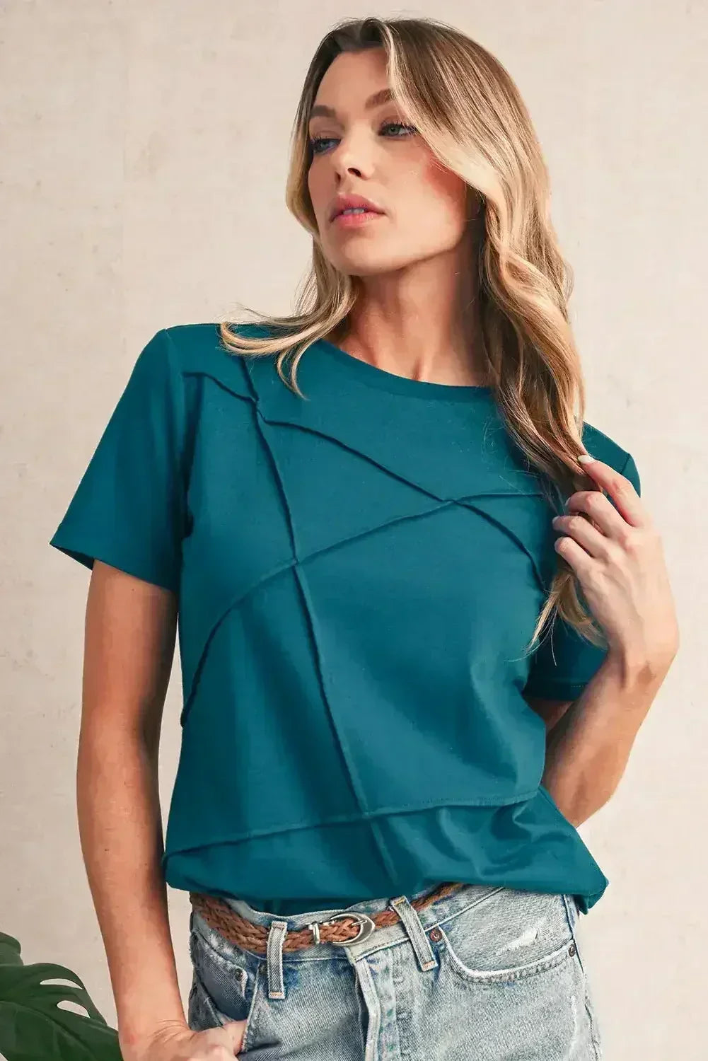Dirty Blue Solid Color Round Neck T Shirt
