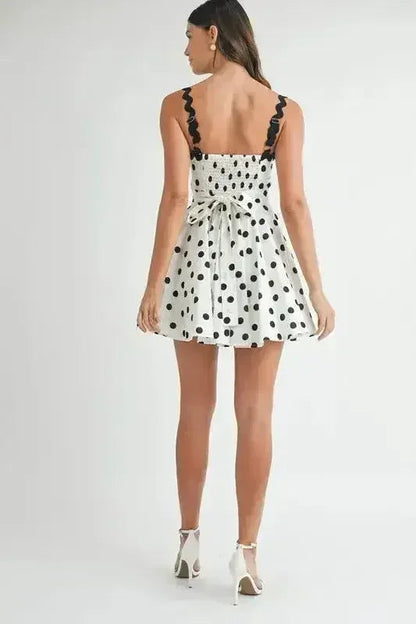 Polka Dot Mini Dress – Ricrac Trim Strap & Smocked Back