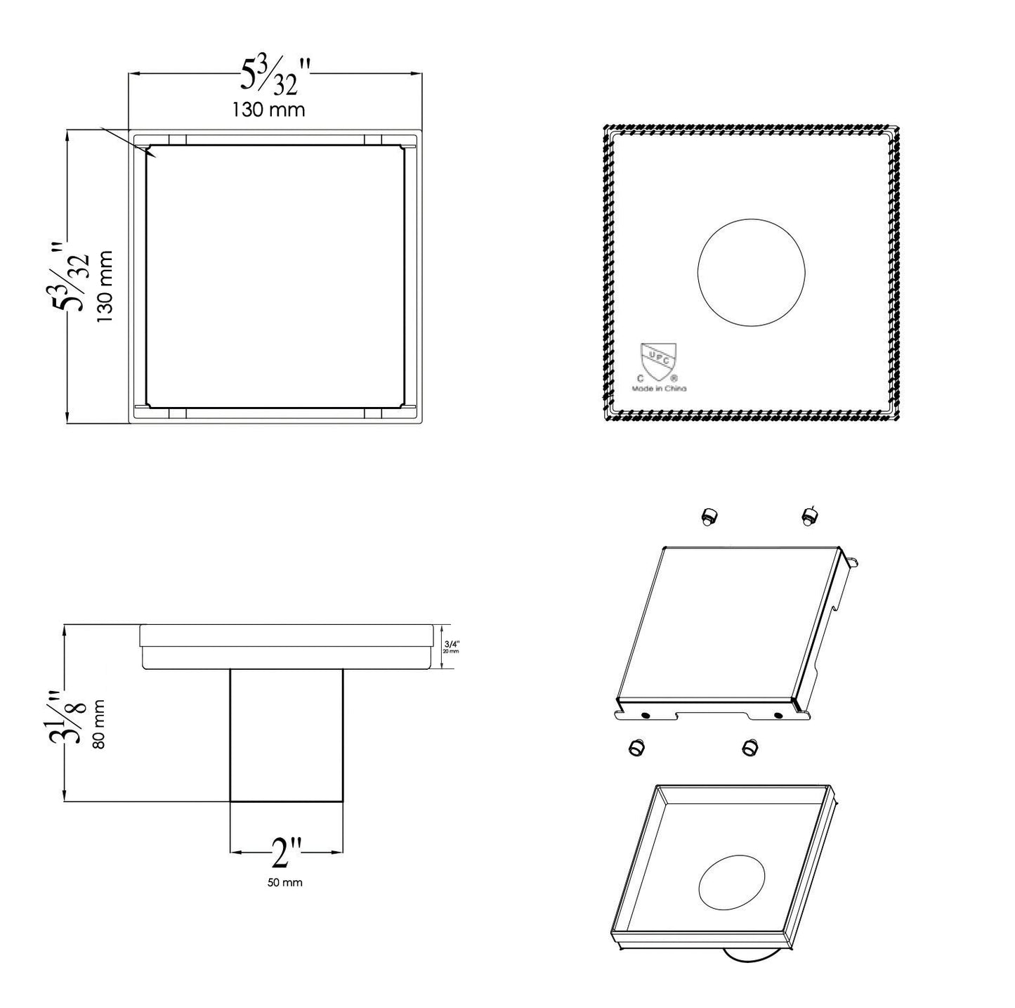 ALFI brand ABSD55B 5" x 5" Square Stainless Steel Shower Drain with Solid Cover