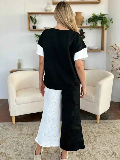Plus Size Contrast T-Shirt and Wide Leg Pants Set